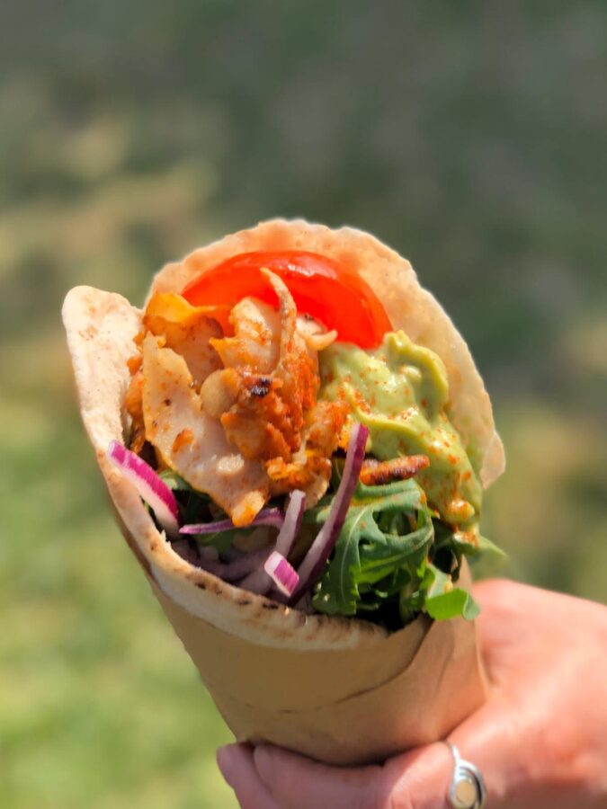 Gluten free wrap with meat, tomatoes, avocado sauce, vegetables, onions